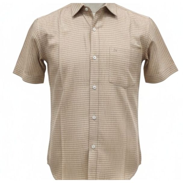 Beige cotton shirt with pinstripes, short sleeves, and button closure