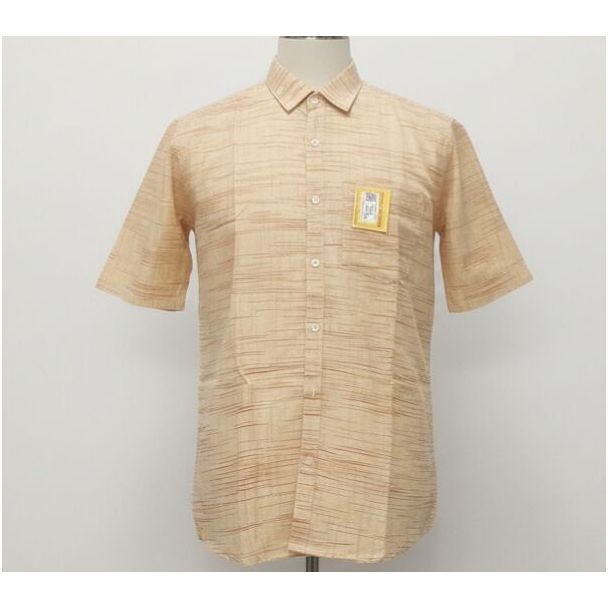Beige short sleeve collared men's shirt with fine horizontal stripe texture