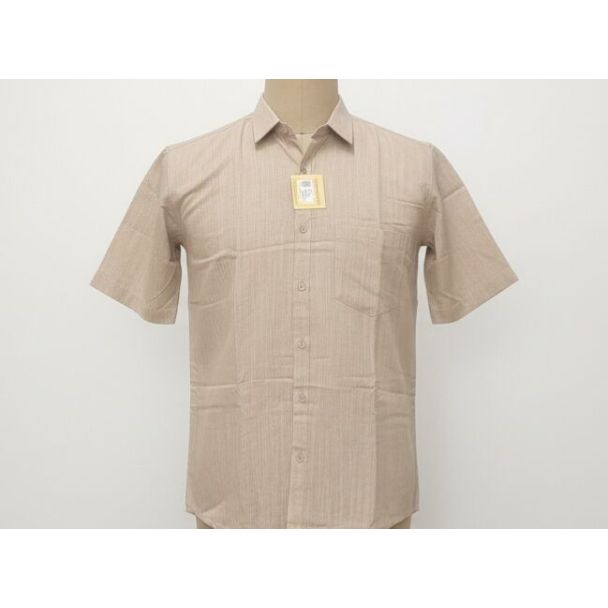 Beige striped cotton shirt with short sleeves and a button-up front displayed on a mannequin.