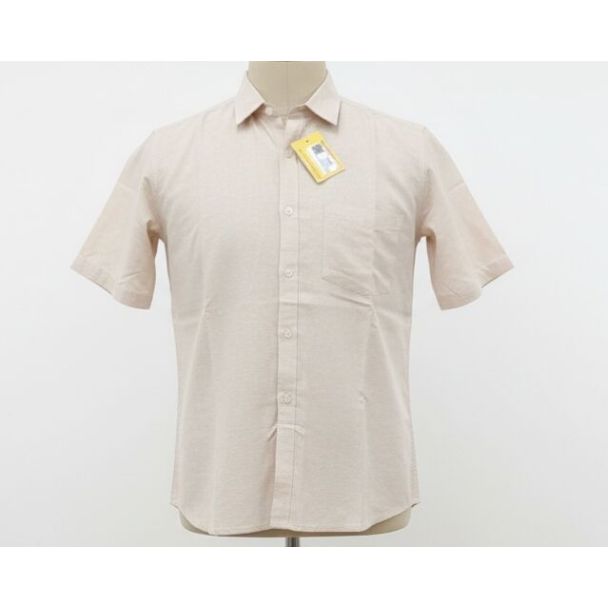Beige short-sleeved men's cotton shirt with a classic collar and chest pocket