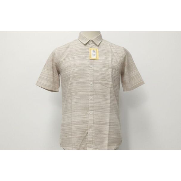 Light beige men's short sleeve shirt with thin textured horizontal stripes