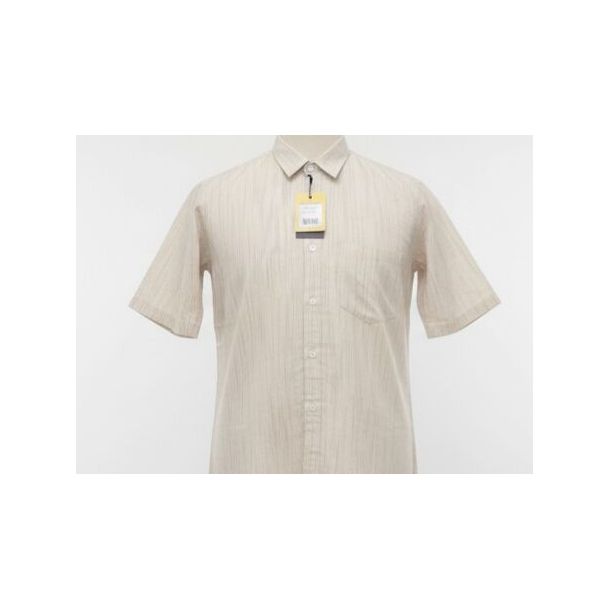 Beige cotton men's shirt with vertical stripes, short sleeves and a collar. Casual wear.