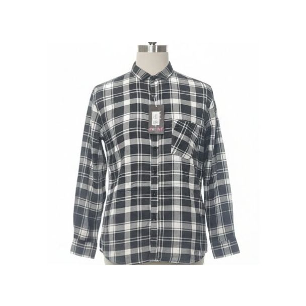 Black and white plaid flannel shirt on a mannequin, classic button-down style with a pocket
