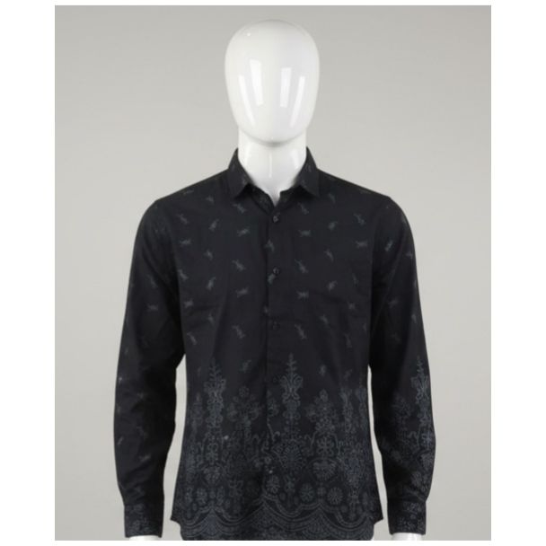 Black full sleeve men's cotton shirt with small prints and a dark grey detailed border design