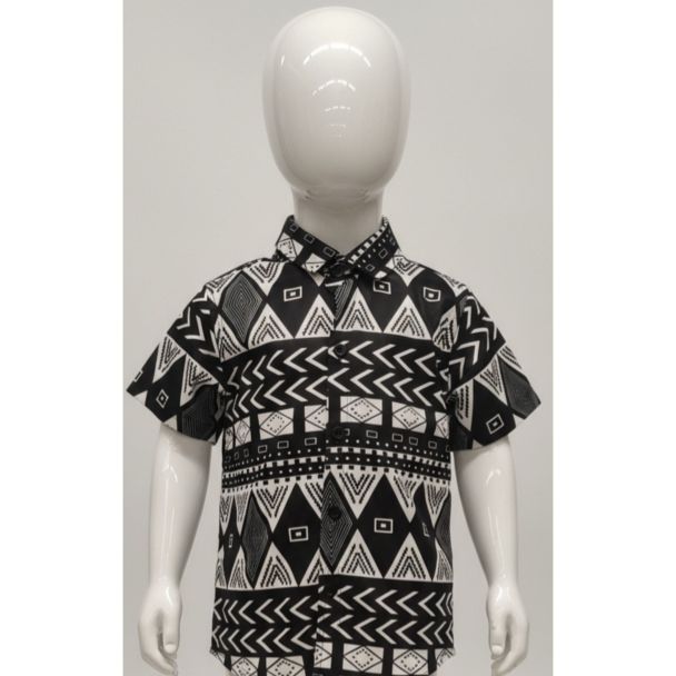 Black and white tribal geometric print short sleeve casual shirt on a mannequin