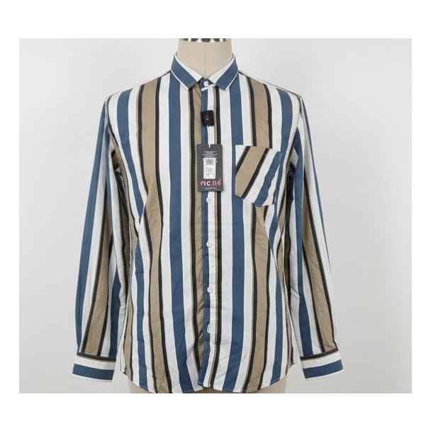 Blue, brown, and white striped button-down shirt with long sleeves