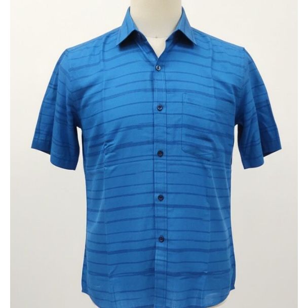 Blue cotton shirt with horizontal stripes and short sleeves
