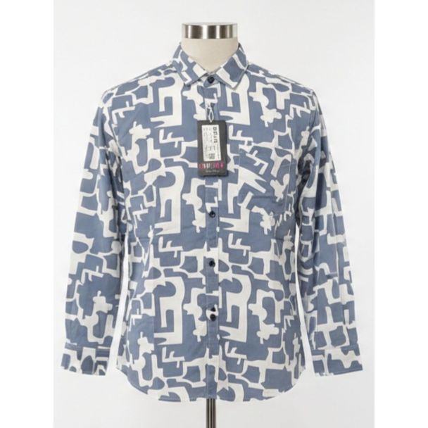 Men's blue and white abstract print cotton full sleeve shirt