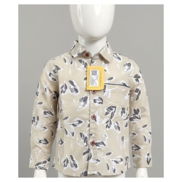 Boys beige cotton shirt with leaf print and full sleeves - Gangavathi Exports