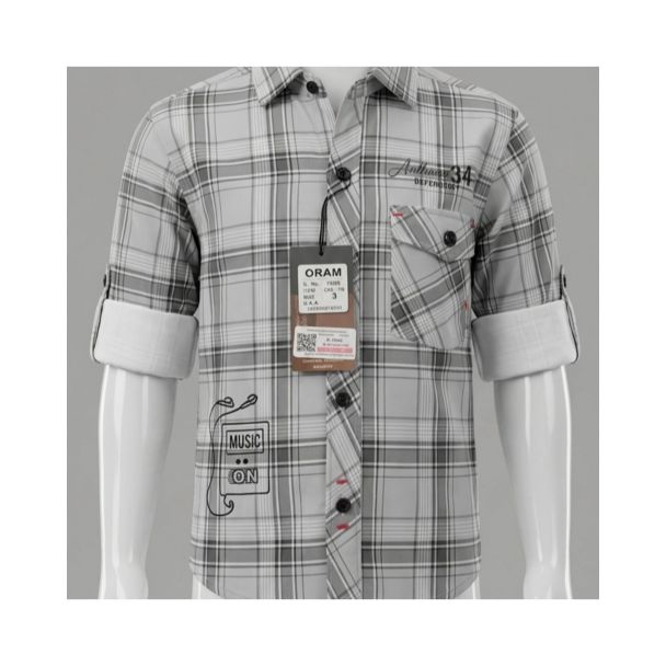 Boys grey plaid cotton button down full sleeve shirt for kids in India