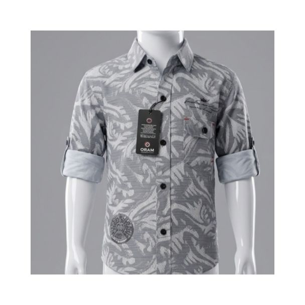 Boys grey printed cotton full sleeve button down shirt for kids in India