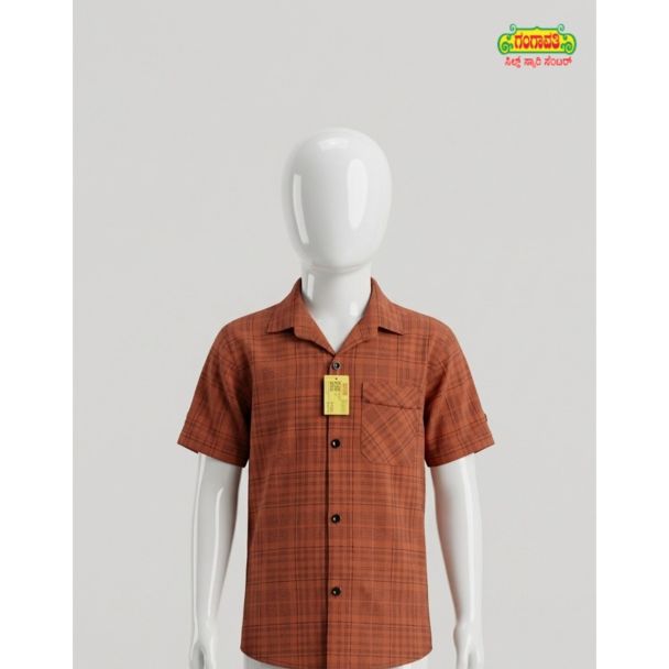 Boys Rust Brown Checkered Cotton Shirt Half Sleeve India