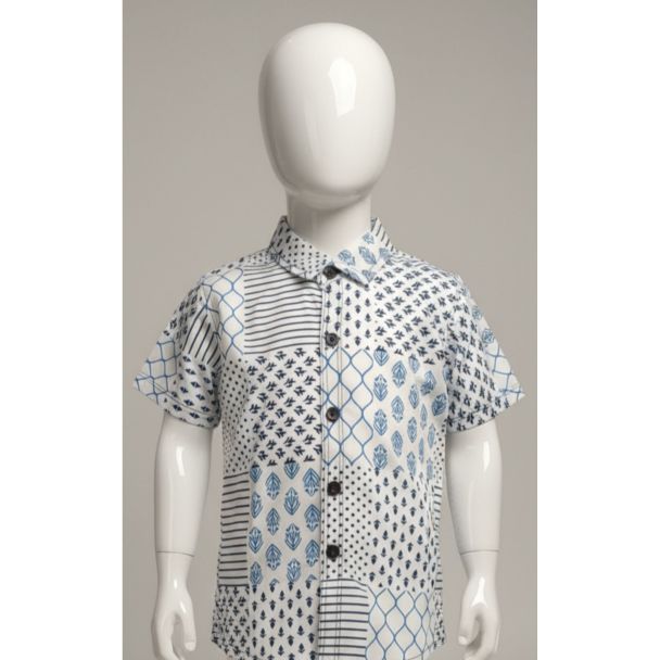 Boys' White & Blue Patchwork Print Shirt