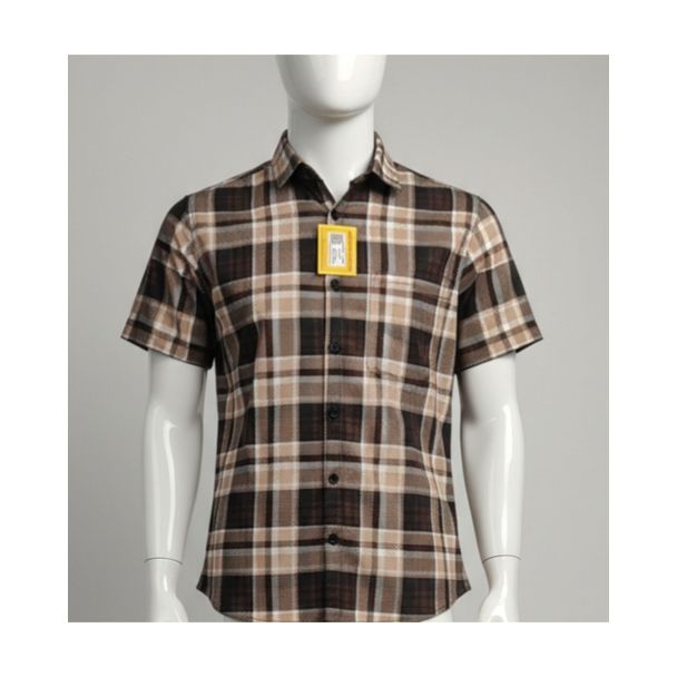 Brown Checkered Cotton Shirt with Short Sleeves for Men