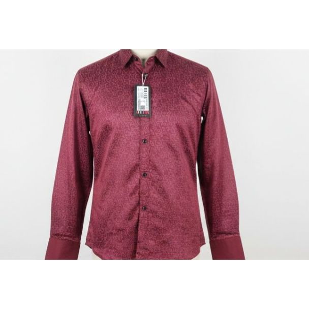 Burgundy paisley print men's shirt with collar and long sleeves, great for formal wear