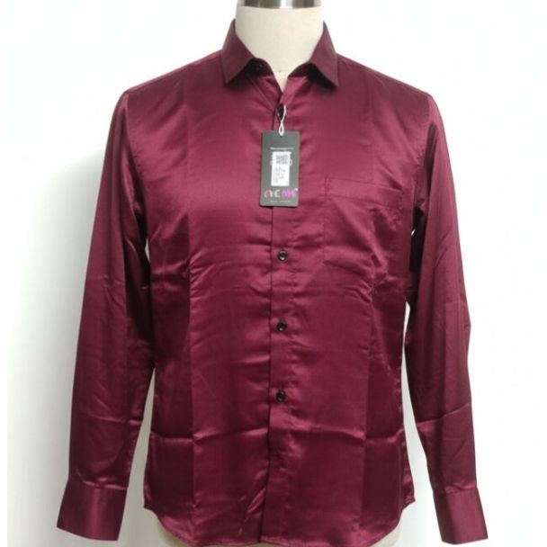 Burgundy satin dress shirt with long sleeves, a collar, and a chest pocket.