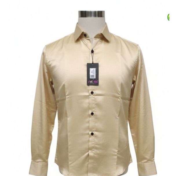 Champagne satin collared shirt with black buttons and full sleeves on a mannequin