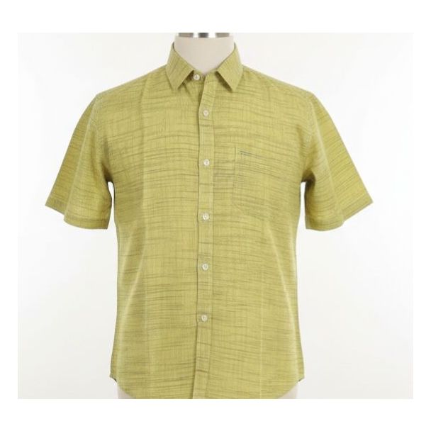 Chartreuse woven men's short sleeve collared shirt with faint horizontal texture.