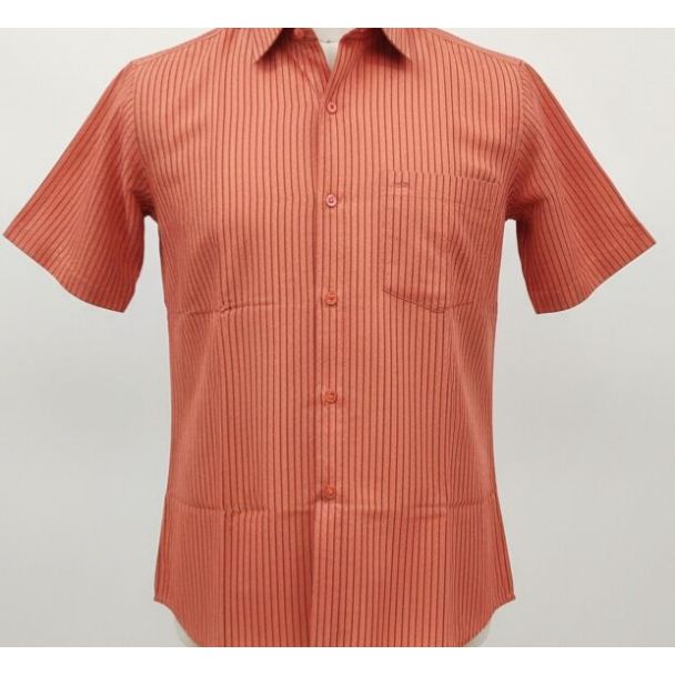 Coral button-down shirt with narrow black vertical stripes