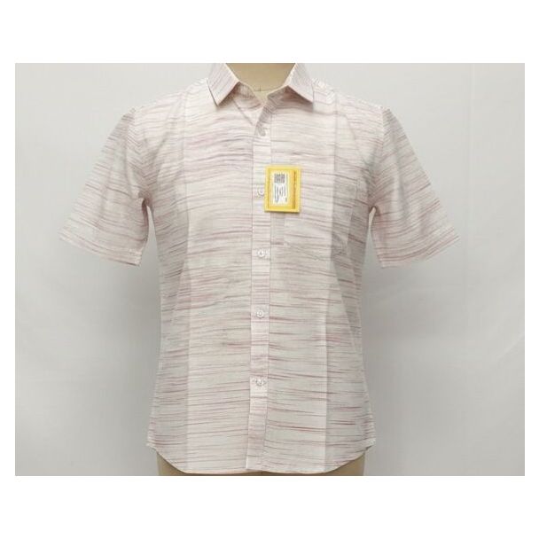 Cream cotton shirt with red horizontal stripes, short sleeves, and a button-down design.