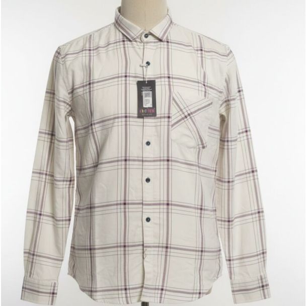 Cream cotton long-sleeved collared shirt with purple plaid pattern.