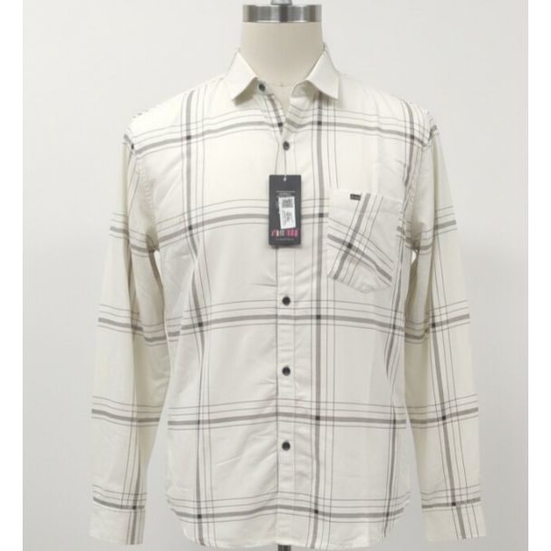 Cream button-down shirt with gray and black plaid pattern; chest pocket and long sleeves