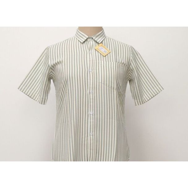 Cream and gray vertical striped cotton shirt with short sleeves and collar.