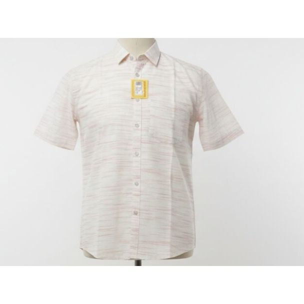 Cream colored short-sleeved shirt with pink horizontal stripes and a button-down collar