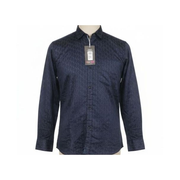Dark blue patterned cotton shirt with long sleeves and button closure