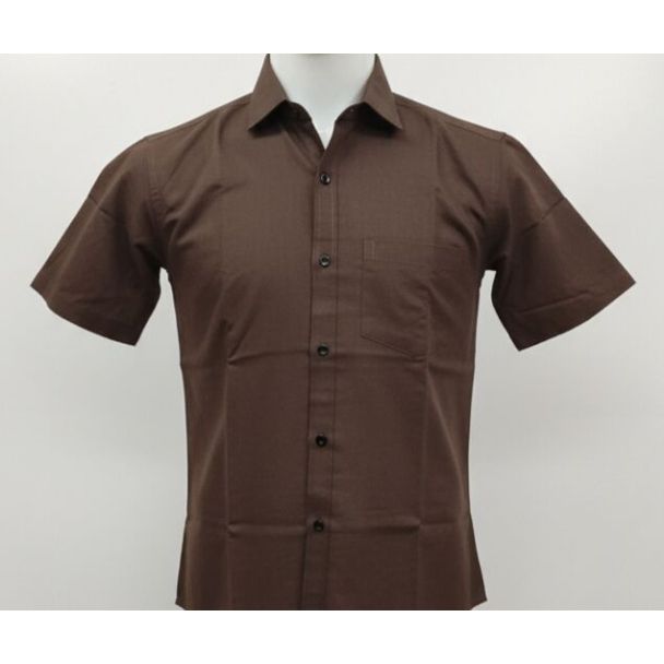 Dark brown solid professional short sleeve collared shirt with chest pocket.