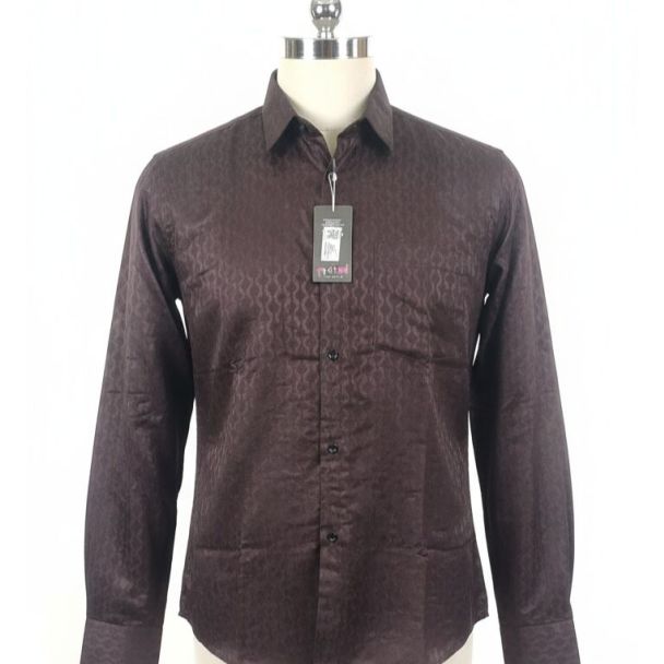 Dark brown textured formal shirt with patterned design, full sleeves, and a classic collar