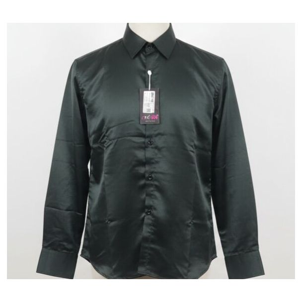 Dark green silk finish dress shirt with classic collar and long sleeves. Button-down design.