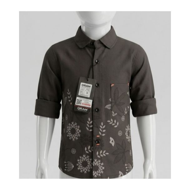 Boys dark grey floral print cotton full sleeve shirt for kids in India
