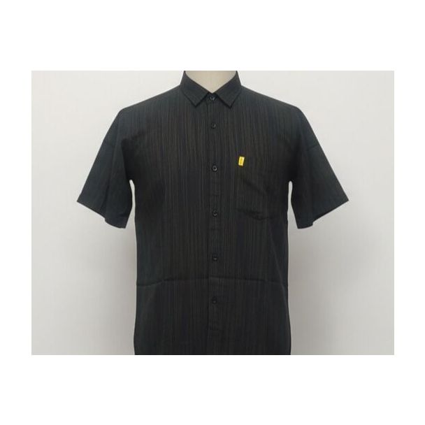 Dark grey cotton shirt with thin vertical pinstripes and short sleeves