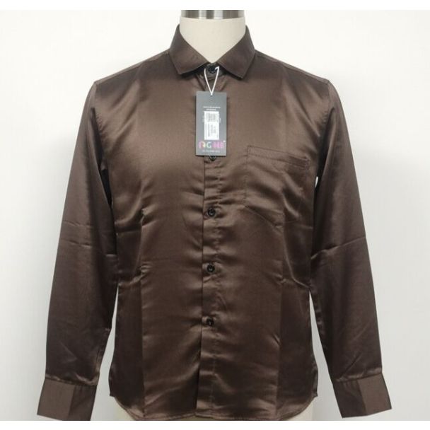 Close-up of a mannequin wearing a glossy, deep brown full-sleeve button-up shirt.