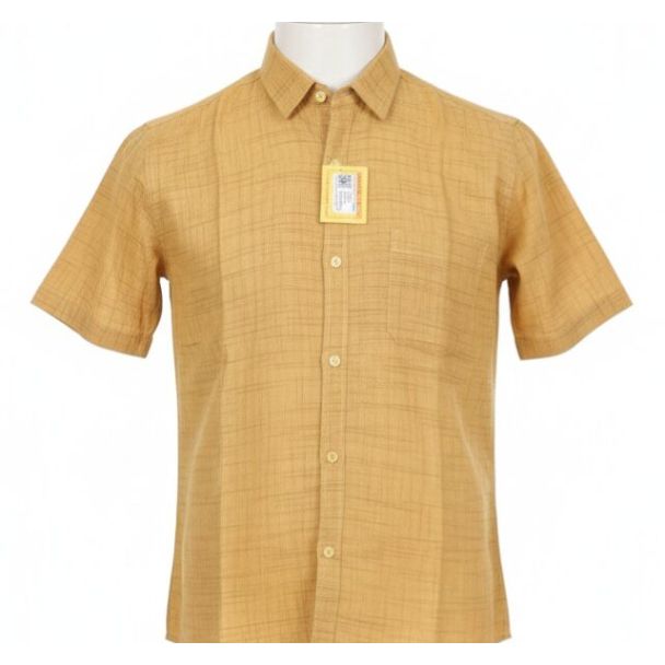 Golden brown textured casual shirt with short sleeves and button closure