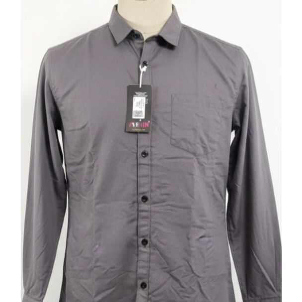 Gray long-sleeve button-down cotton shirt with collar and chest pocket