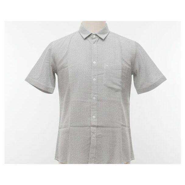 Gray striped short sleeve cotton button-down shirt on mannequin