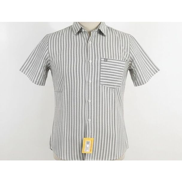 Close-up of a gray and white vertically striped short sleeve button-up shirt