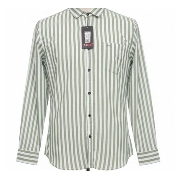Green and white striped cotton shirt with a collared neckline and long sleeves.