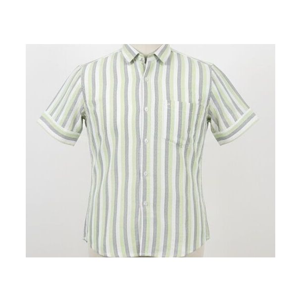 Man's short sleeve shirt with vertical stripes in green, gray, and white, featuring a collared neckline and cuffed sleeves
