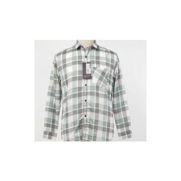 Man's shirt with green, gray and white plaid pattern, button-down collar and long sleeves, with chest pocket.