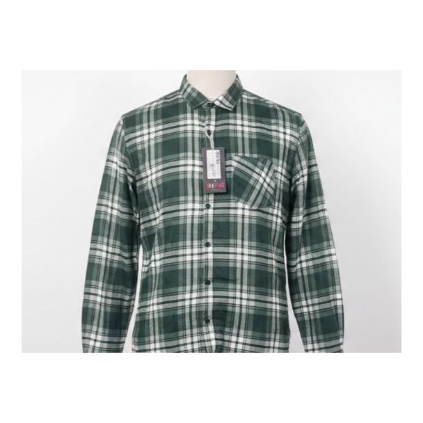Green plaid button-up shirt with long sleeves and a collared neckline on a mannequin