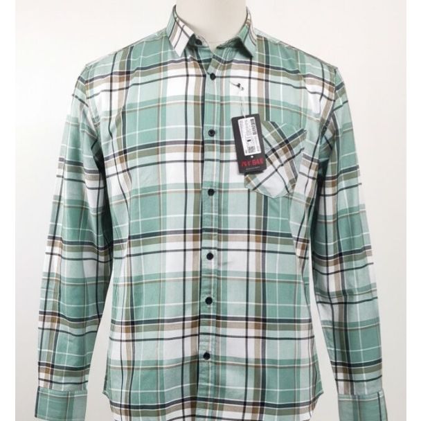 Green and white plaid men's cotton shirt with long sleeves and a collar
