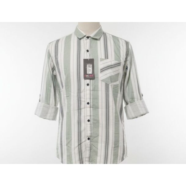 Men's green and white striped cotton shirt with 3/4 sleeves and a collar. Features a chest pocket.
