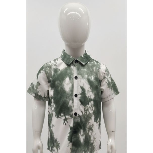 Green and white tie-dye cotton shirt with short sleeves and button-down front India