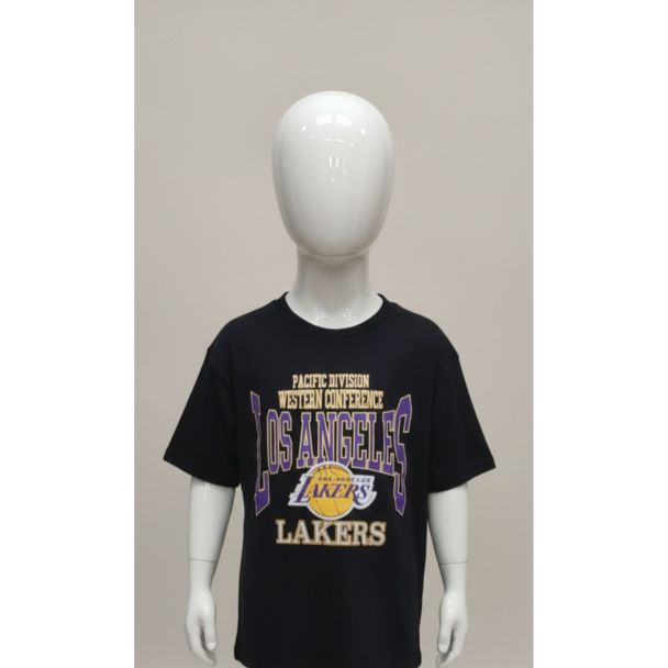 Black kids short sleeve t-shirt with purple and gold Los Angeles Lakers graphic print