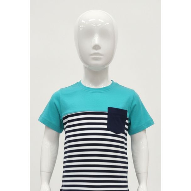 Kids short sleeve T-shirt with teal top and navy/white horizontal stripes India