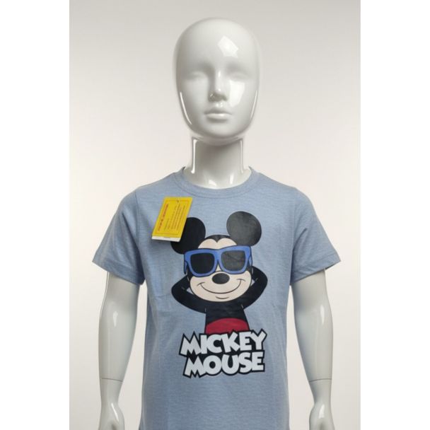 Kids light blue marl cotton t-shirt with Mickey Mouse graphic and sunglasses on mannequin