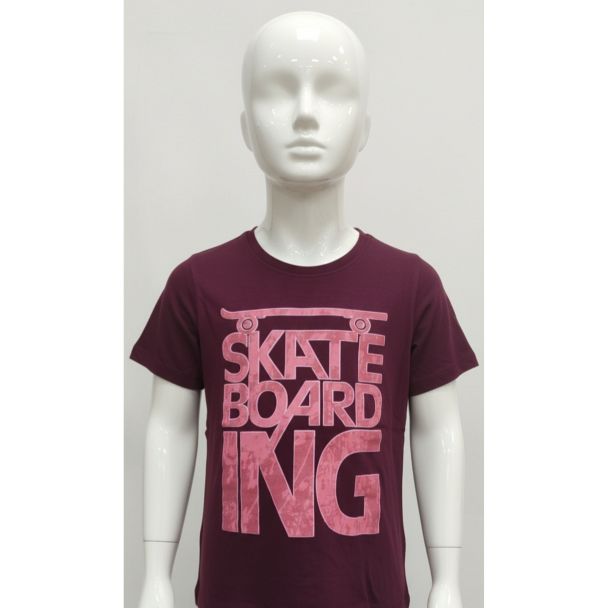 Child's maroon cotton t-shirt with large pink 'SKATEBOARDING' text graphic on a white mannequin.